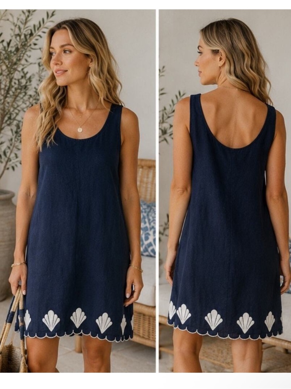 Calypso St. Barth Dress Navy Blue Linen Embroidered Sleeveless large coastal